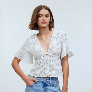 Madewell Tie-Front‎ Top in Eyelet Soft White NWT Size XS Flowy Button Up V-Neck